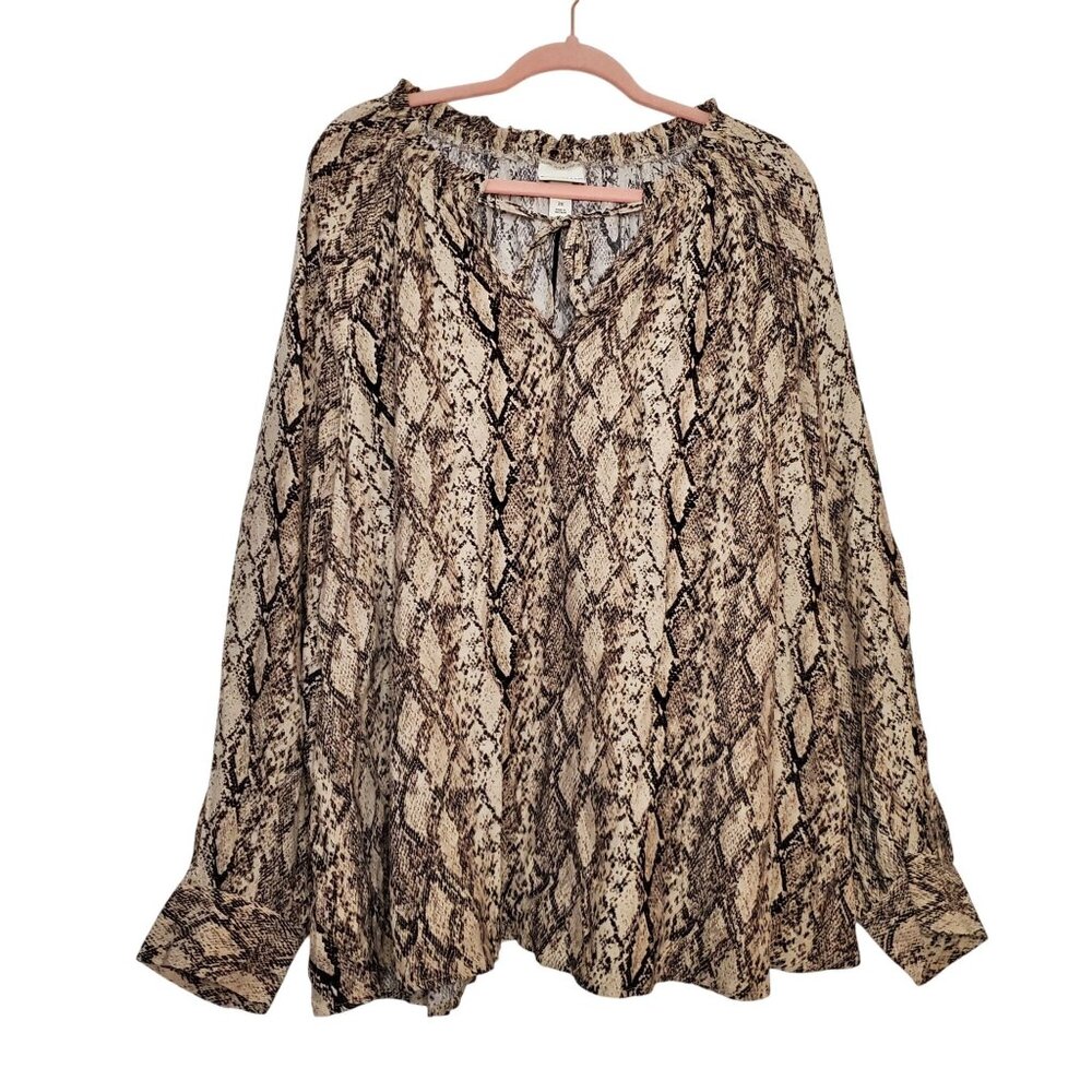 Ava & Viv Womens 2X Snake Print Blouse With Button Cuffs & Tie Neckline Lightwei